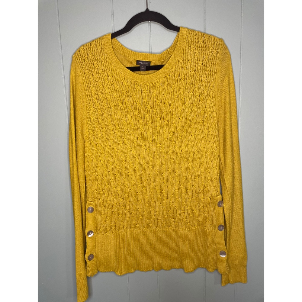 Ann Taylor Factory Sweater Womens L Yellow Excellent Cable Knit Side Button‎